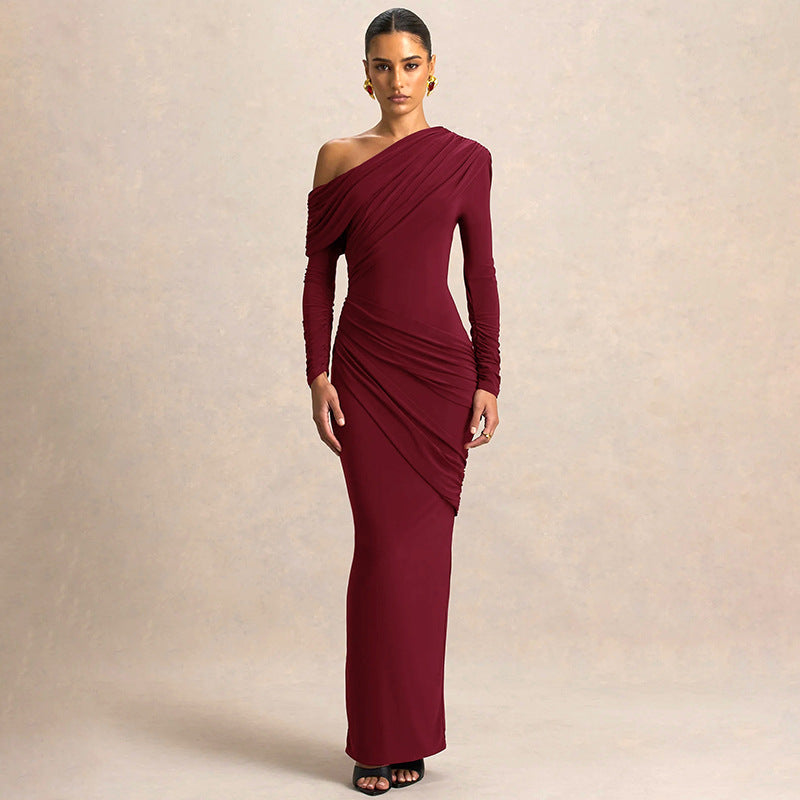 Wine red off-shoulder pleated long dress with draped bodice and long sleeves