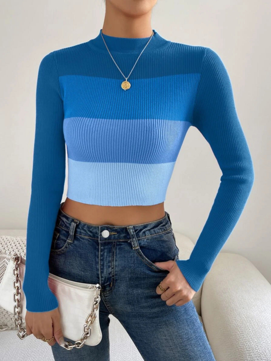 Long Sleeve Crop Top for Women — Mock Neck Color Block Slim Fit in Ribbed Knit