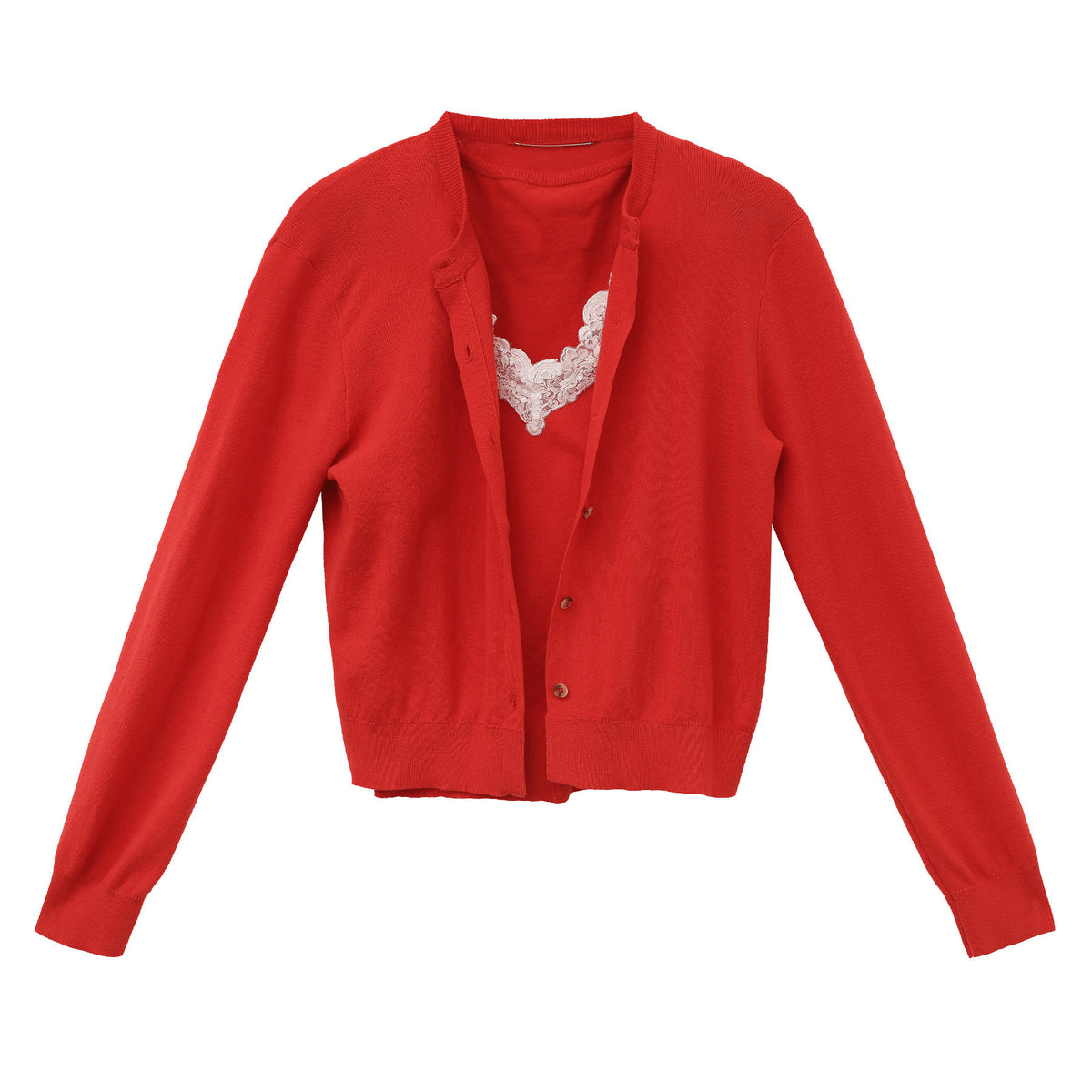 Red knitted vest-coat with V-neck, button front, and open front layer