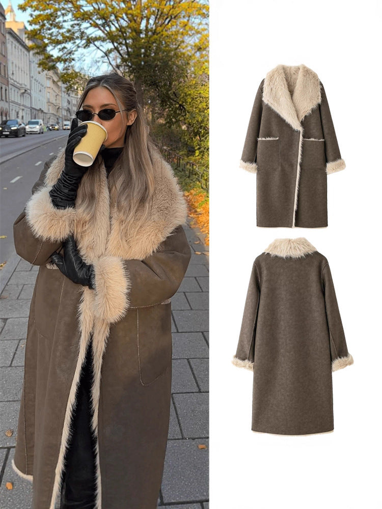 Shearling Coat for Women — Long Faux Suede with Oversized Faux Fur Collar and Cuffs