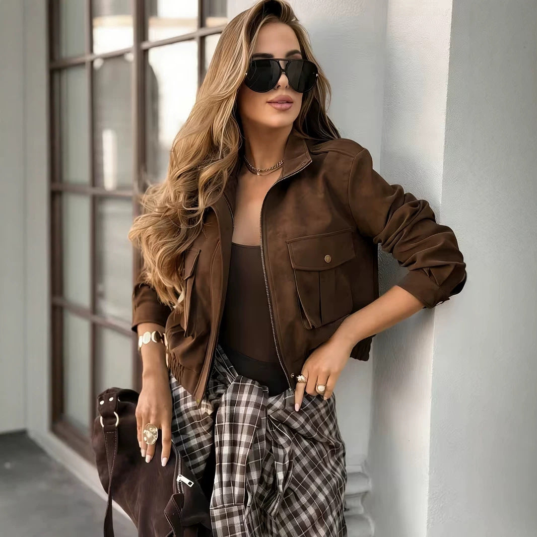 Brown suede-texture jacket with a zip front and chest flap pockets