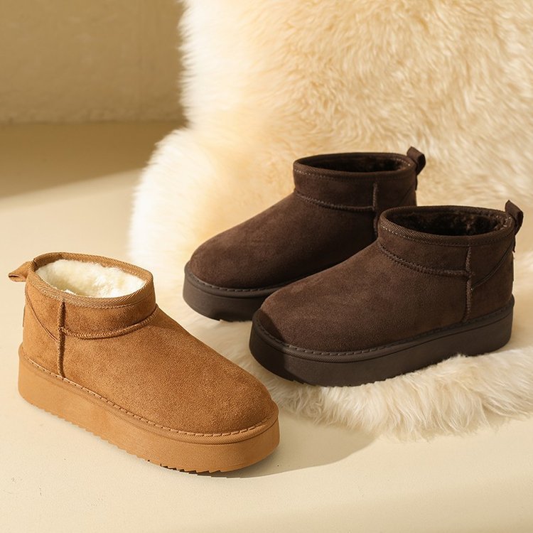 Women's snow boots set: tan and dark brown suede with fleece lining and thick sole