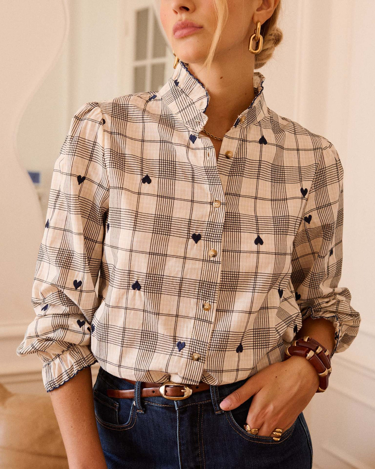 Women’s khaki plaid stand-collar shirt with heart embroidery on front placket, long sleeves