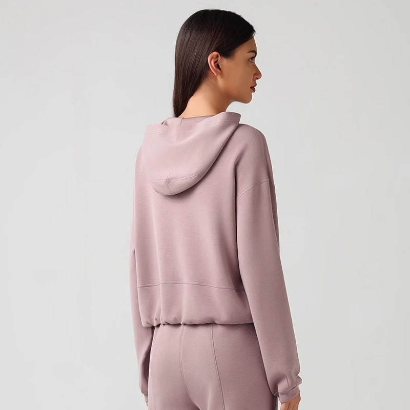 Cropped Zip Up Hoodie for Women — Oversized Hood and Elastic Hem in Brushed Cotton Blend
