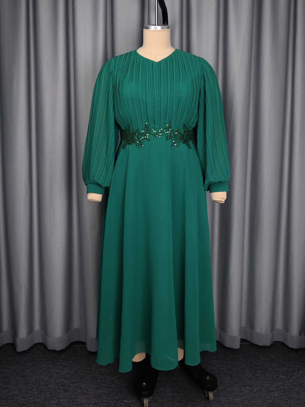 Chiffon Maxi Dress for Women — Pleated Lantern Sleeve Evening Gown with Sequin Waist