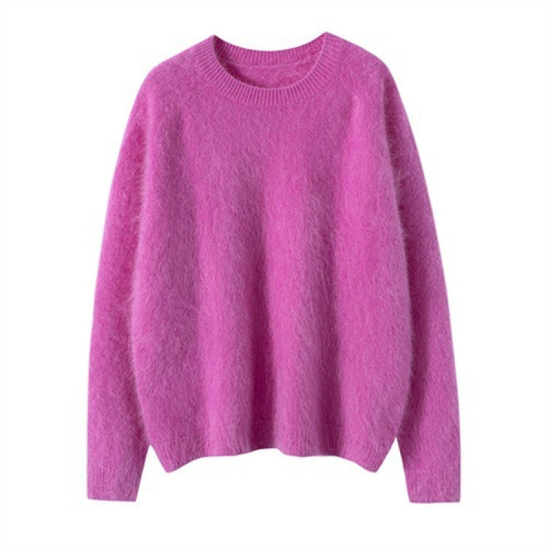 Purple round-neck cashmere pullover sweater, long sleeves, classic loose fit