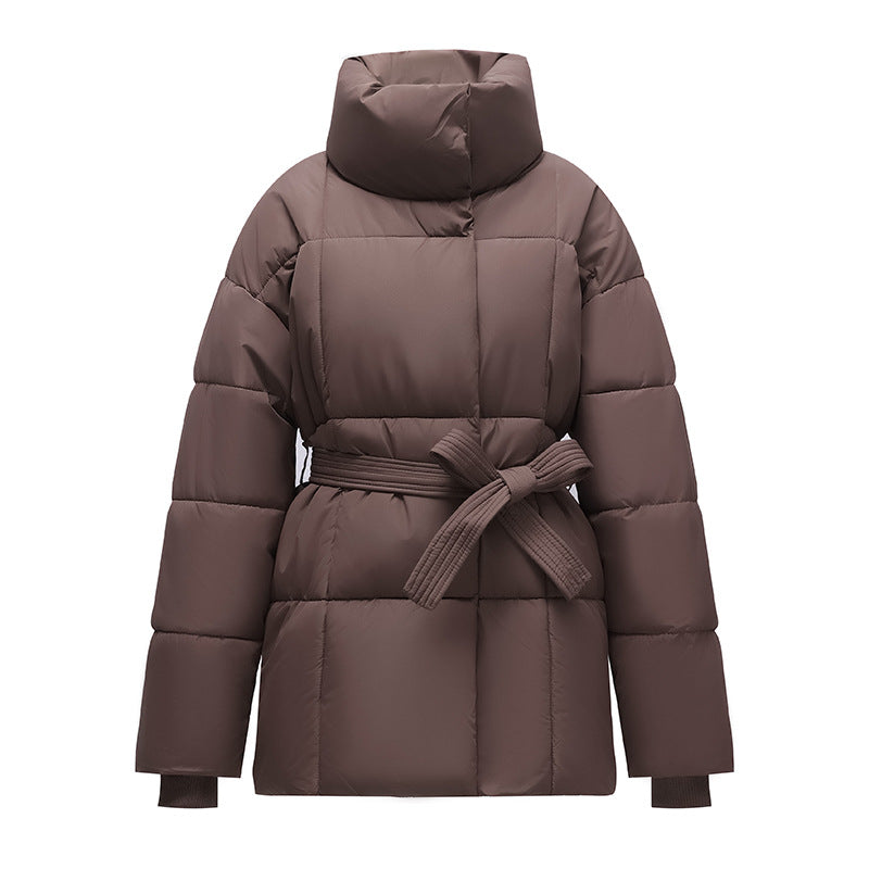 Women's dark brown cotton puffer coat with stand collar and tie belt detail