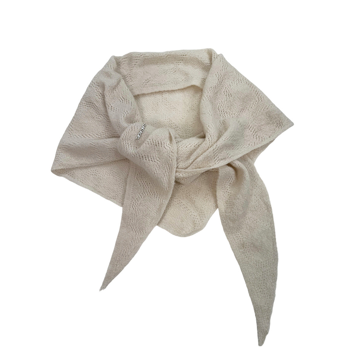 Light beige triangle knit scarf with draped knit panels and center knot