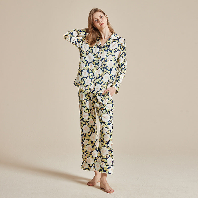 Women’s cream and yellow circle printed long-sleeve pajama top and wide-leg trousers set