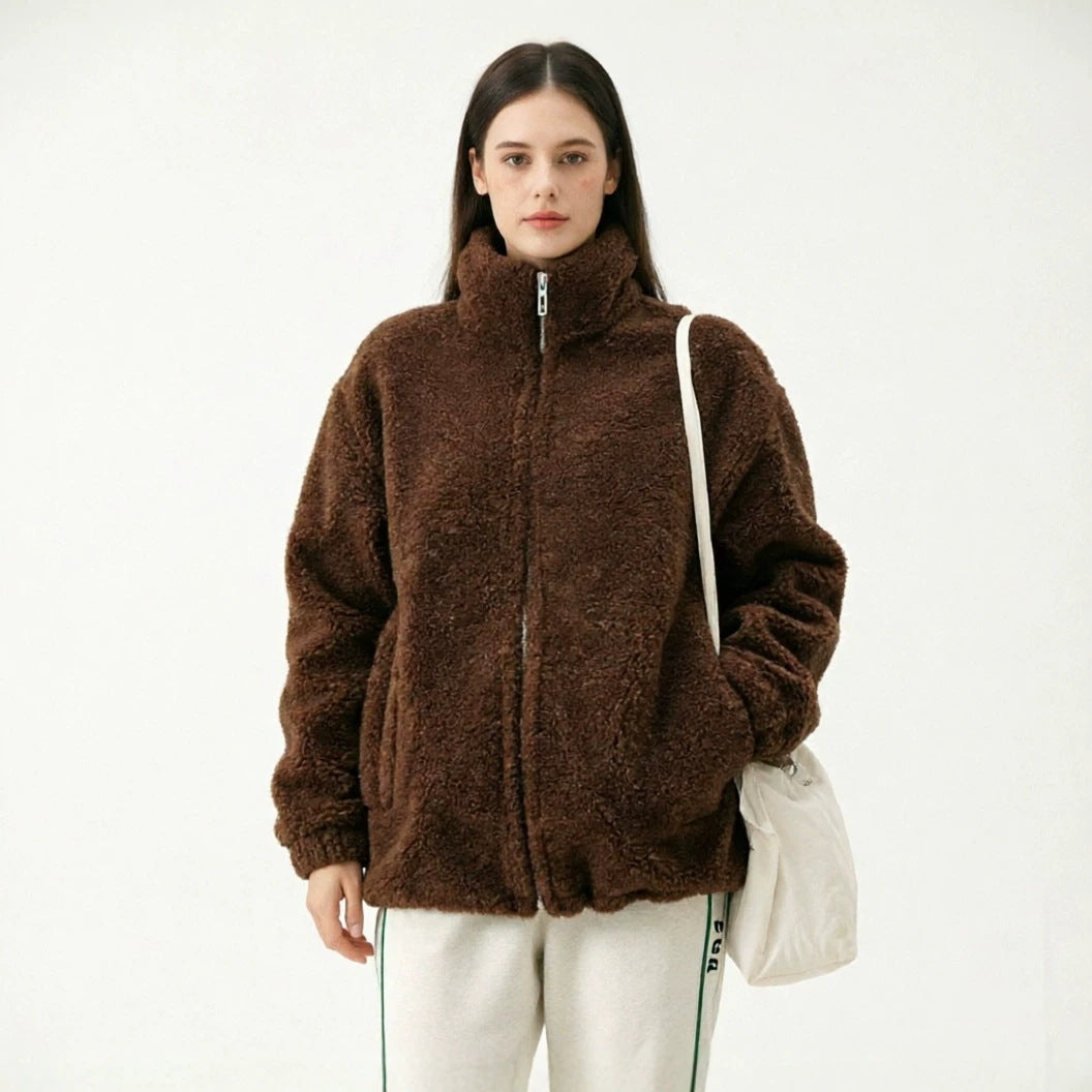Women’s brown sherpa zip-up faux lamb wool coat with stand collar and side pockets