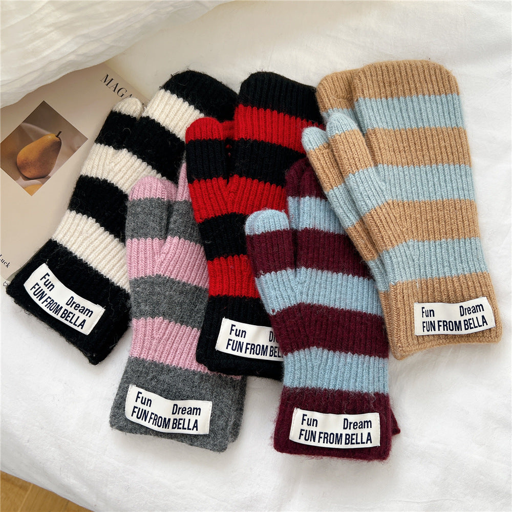 Striped knit wool two-finger gloves, mixed red, black, pink, tan and blue stripes