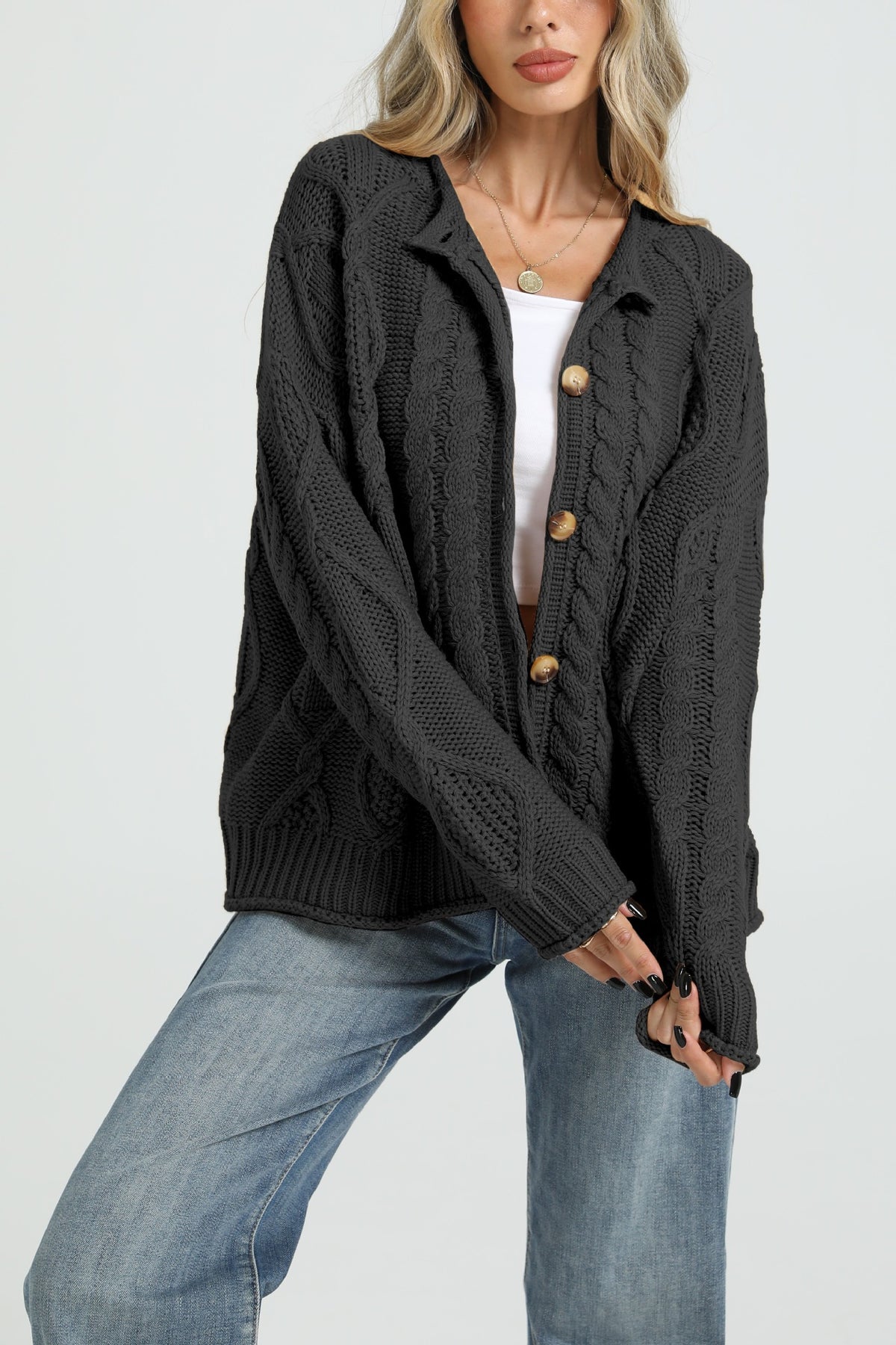 Women’s cable-knit button cardigan in black, relaxed fit, long sleeves