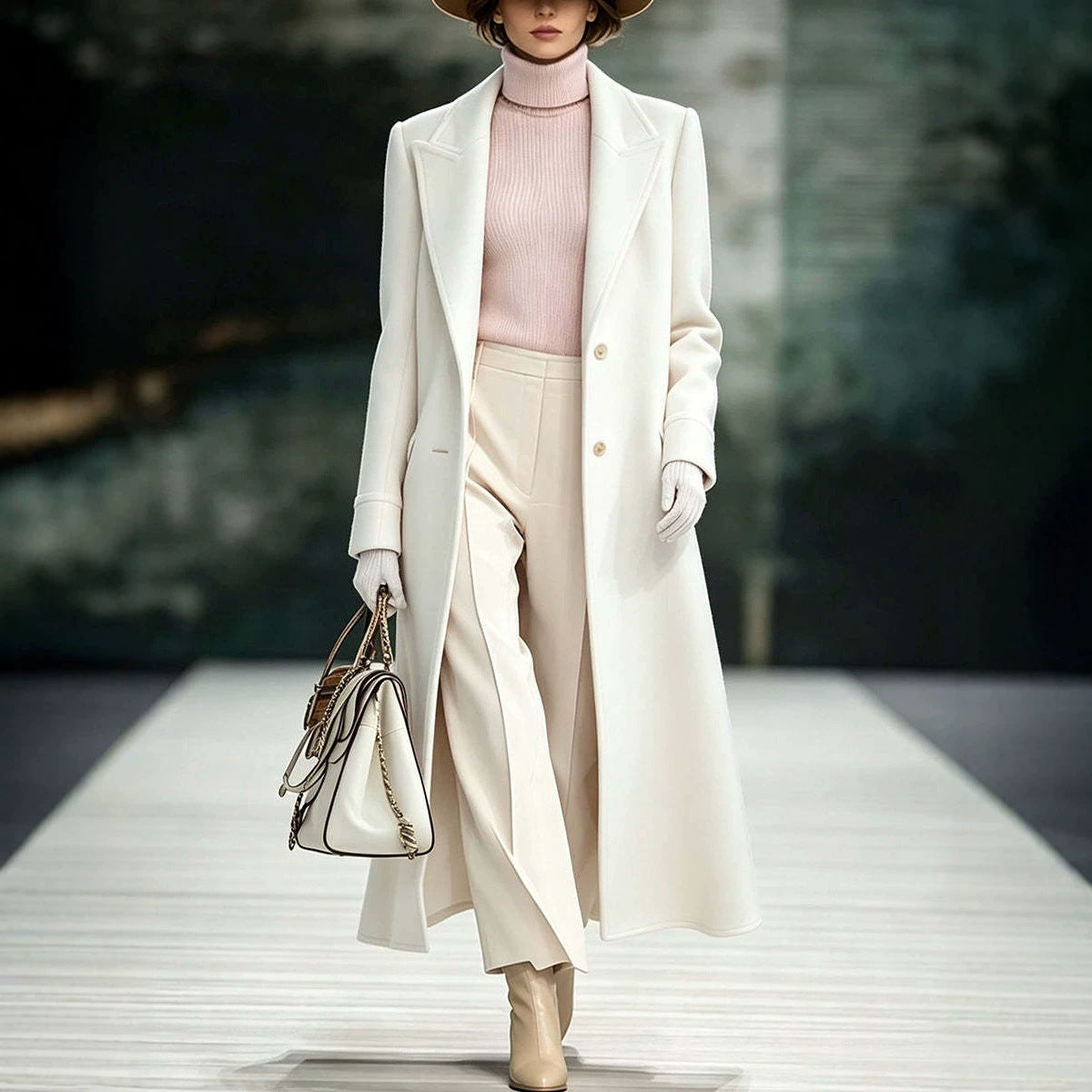 White maxi wool coat with notch lapels and single-breasted buttons
