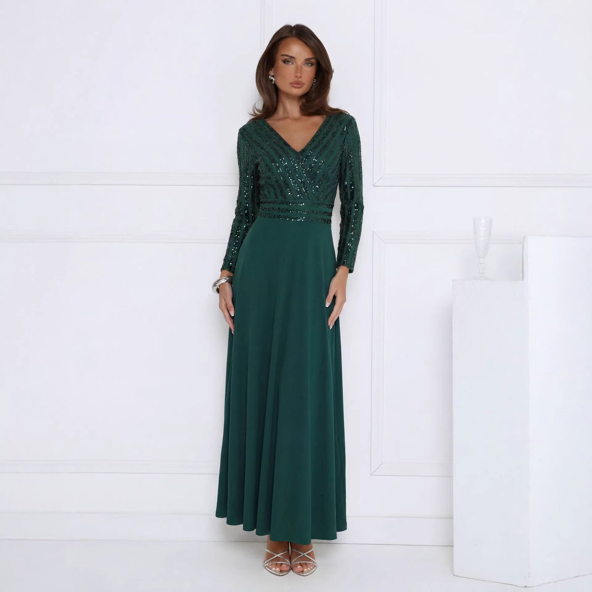 Green sequined V-neck long-sleeve sheer mesh maxi dress, fitted silhouette
