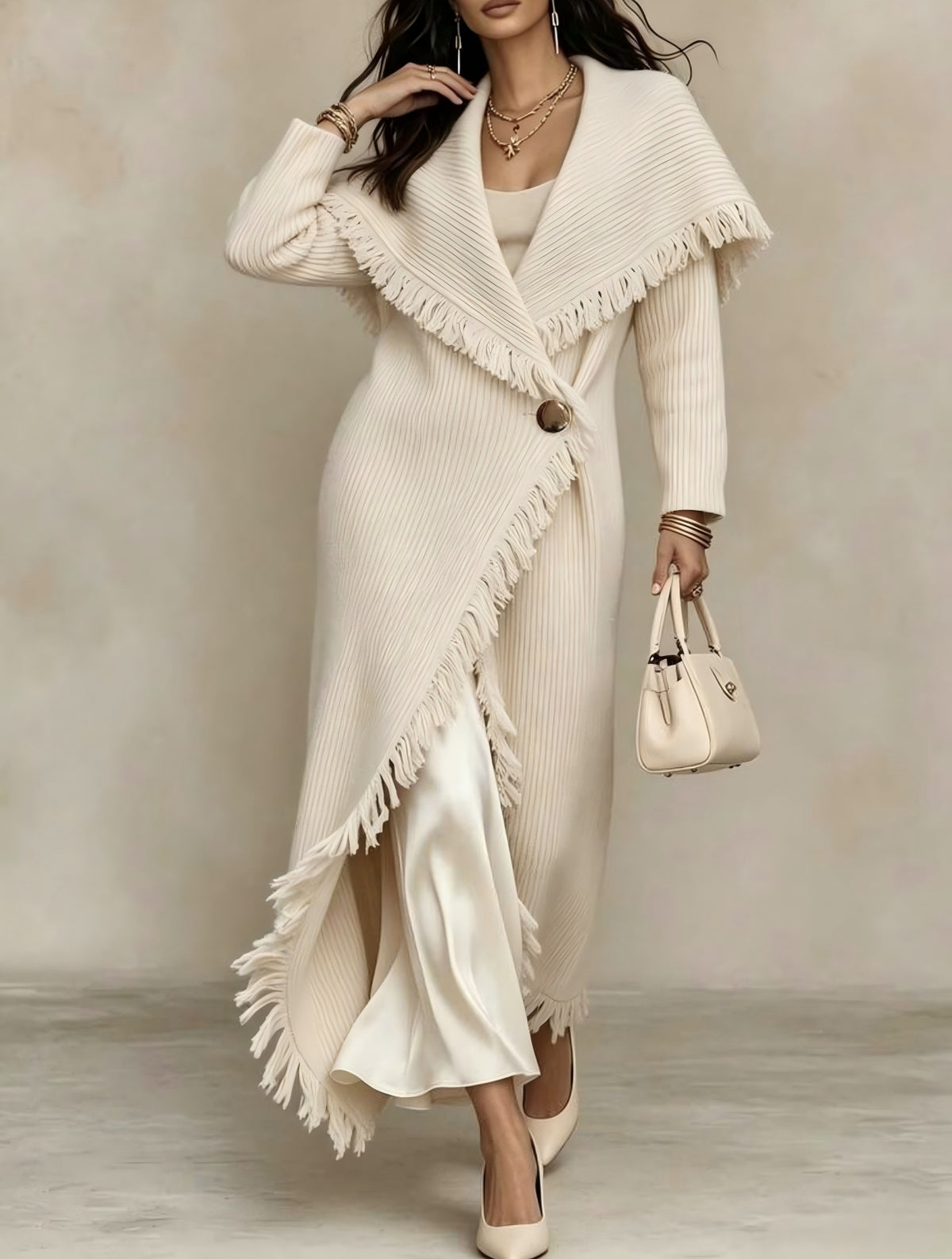 Cream tassel-trim cardigan, shawl collar, button front, asymmetrical wrap