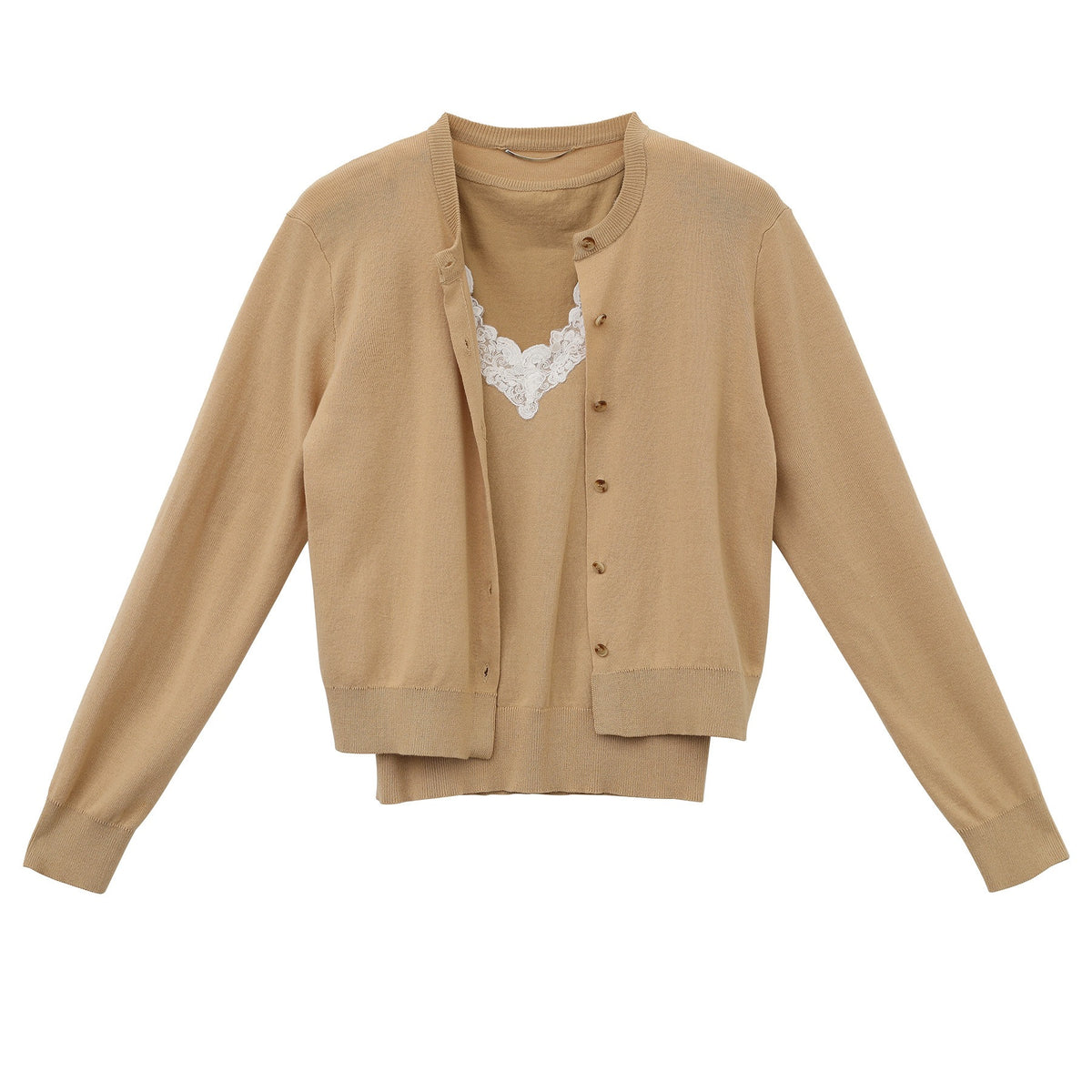 Tan knitted vest-coat with V-neck, button front, and open front layer
