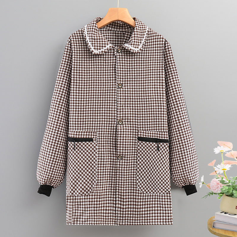 Black-and-beige checkered long-sleeve smock apron with button front and two chest pockets