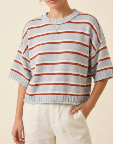 Women’s striped knit sweater, light blue and orange striped knit, short sleeves