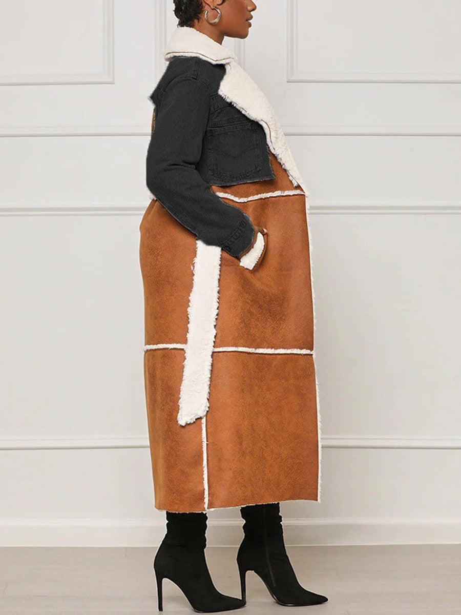 Women’s patchwork long coat, brown and black panels with white sherpa lining