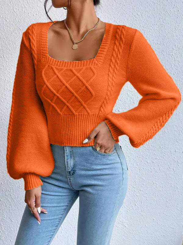Women's orange cable-knit sweater with square neckline, diamond front, long sleeves