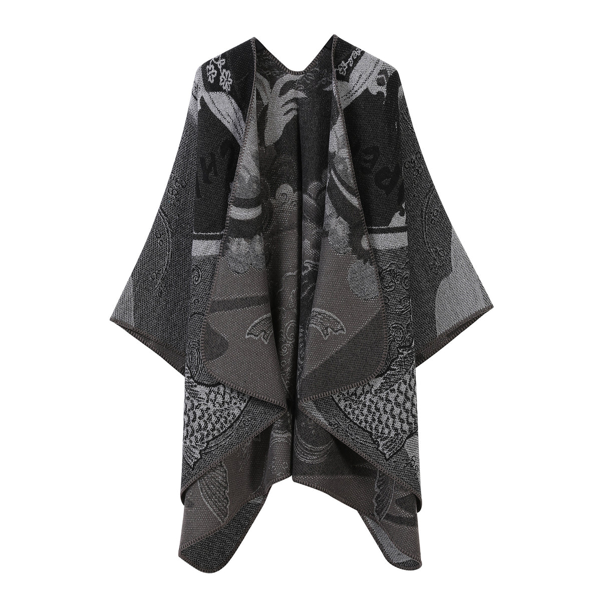 Black and dark gray abstract motif double-sided split cape shawl, wide drape