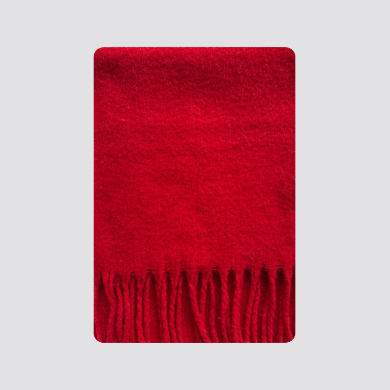 Wool-blend tassel scarf, red, plush knit with long fringe edges