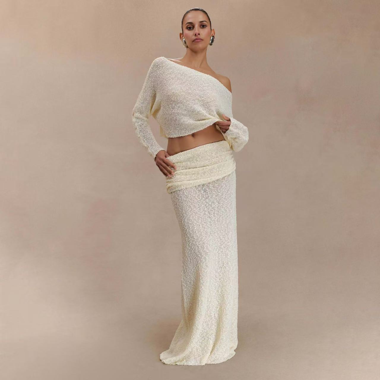 Women's knitted two-piece maxi dress set, light yellow one-shoulder crop top and long skirt