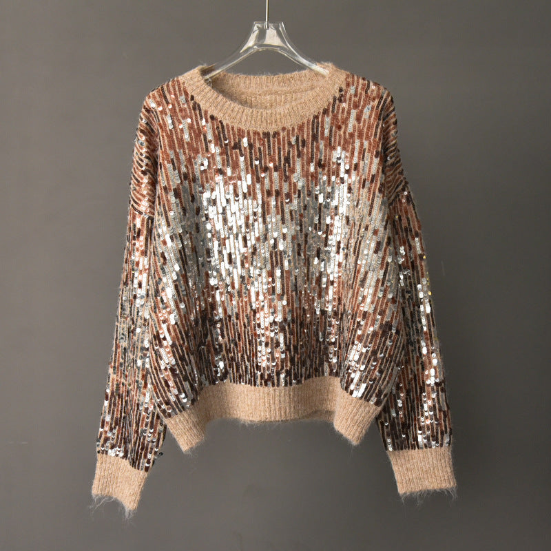 Sequin Sweater for Women — Sparkly Round Neck Knit Pullover in Soft Mohair