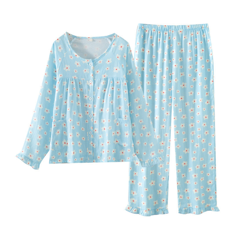 Women’s floral cotton pajama set, light blue button cardigan top and wide-leg pants