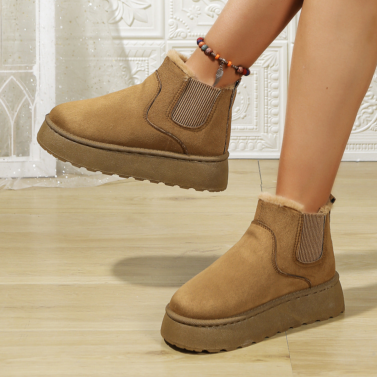 Women's khaki suede ankle boots with round toe, elastic side gore, thick sole