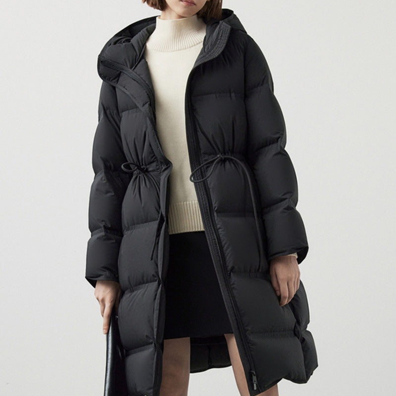 Women's hooded goose down puffer coat with cinched waist, mid-length, black