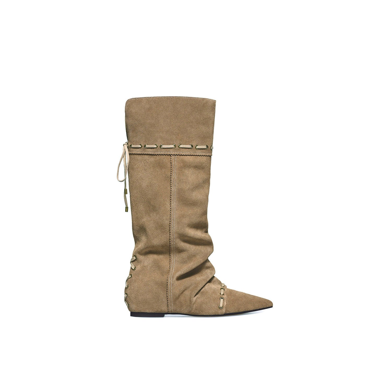 Khaki knee-high slouch boots, pointed toe, side strap and ankle lace ties