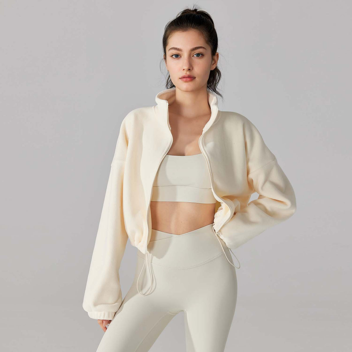 Cropped Fleece Jacket for Women — Zip Up Stand Collar with Drawstring Hem