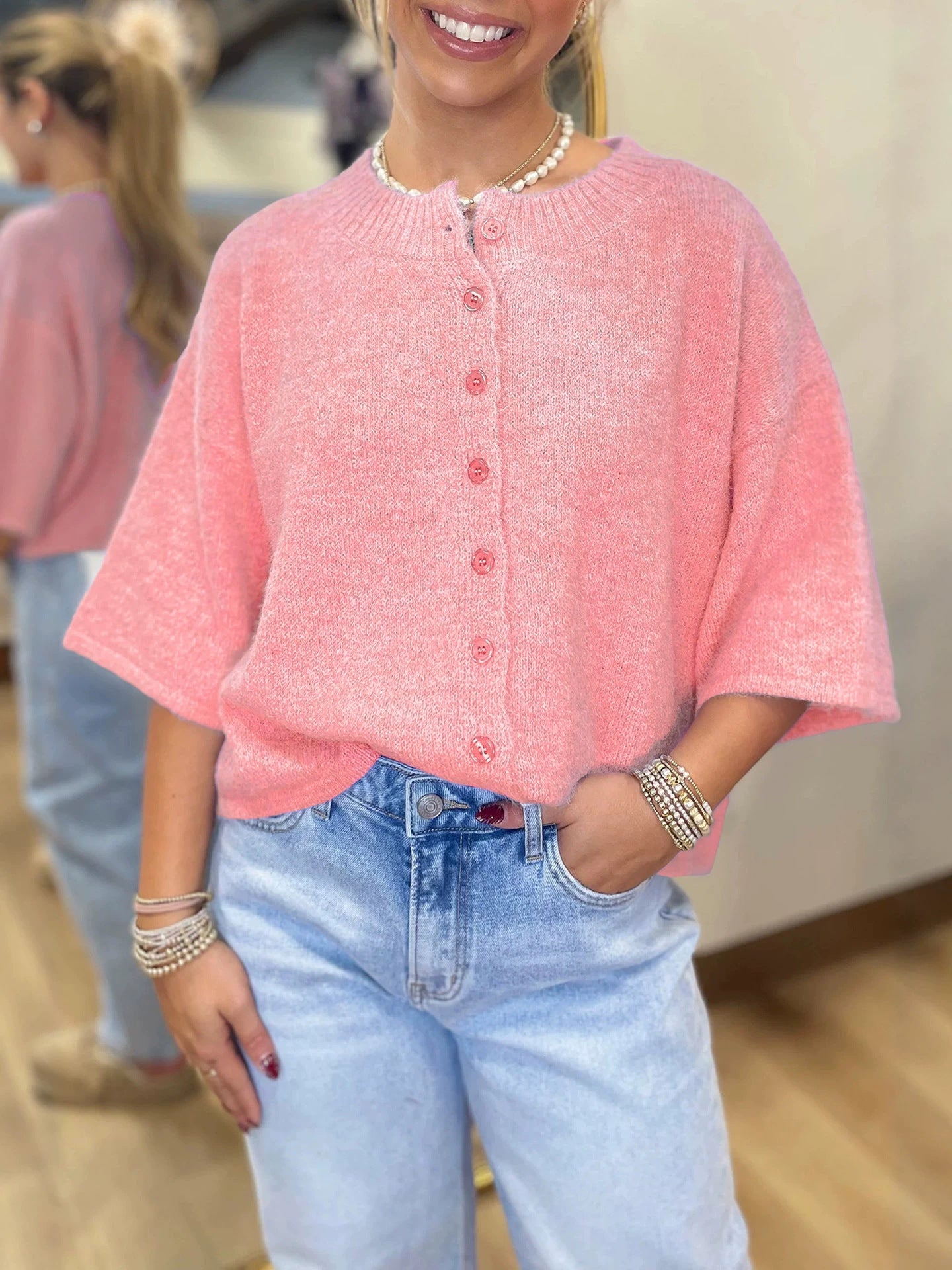 Short Sleeve Cardigan for Women — Boxy Button Front Knit in Soft Wool Blend