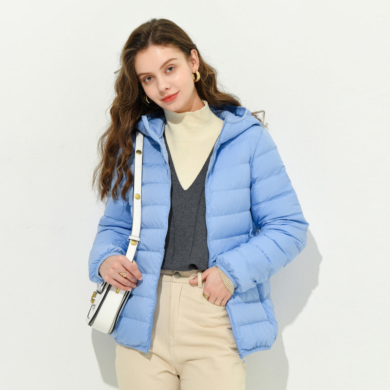 Women's lightweight down jacket, light blue, full-zip with ribbed stand collar