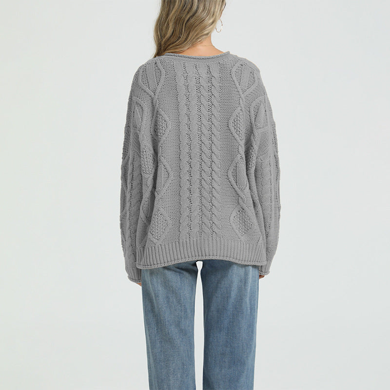 Women’s cable-knit button cardigan in gray, loose fit, long sleeves (back view)