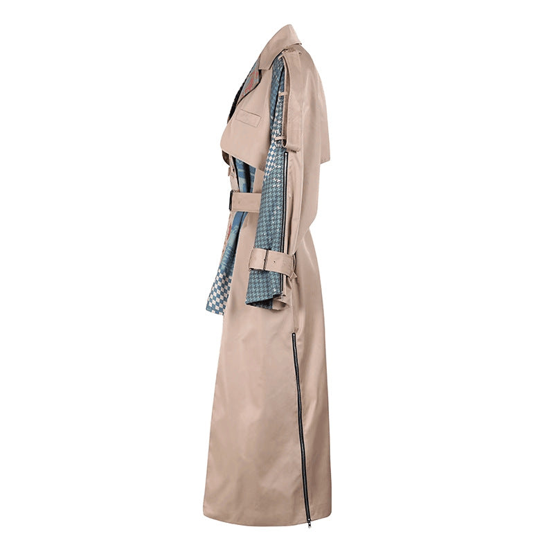 Women's khaki long coat, side view, patchwork panels and belt waist strap