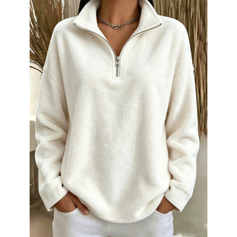 Women's fleece pullover with quarter-zip stand collar, white