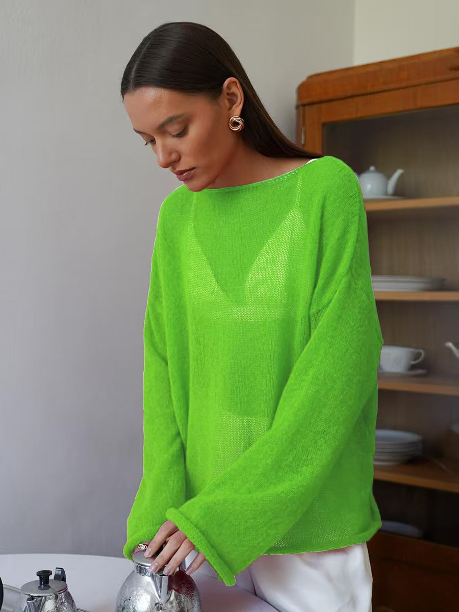 Women’s loose knit sweater, bright green, round neck, long sleeves, sheer lightweight