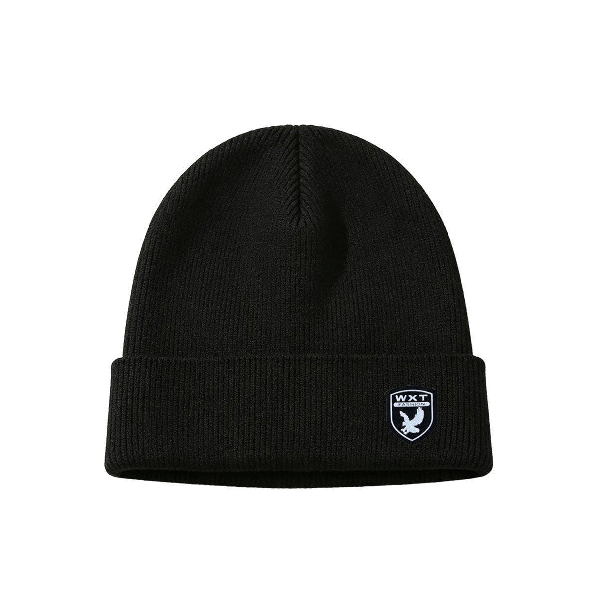 Fleece-lined knit beanie hat, black, ribbed cuff with small front logo patch