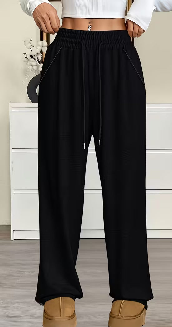 Black wide-leg high-waisted casual pants with elastic waistband, long length