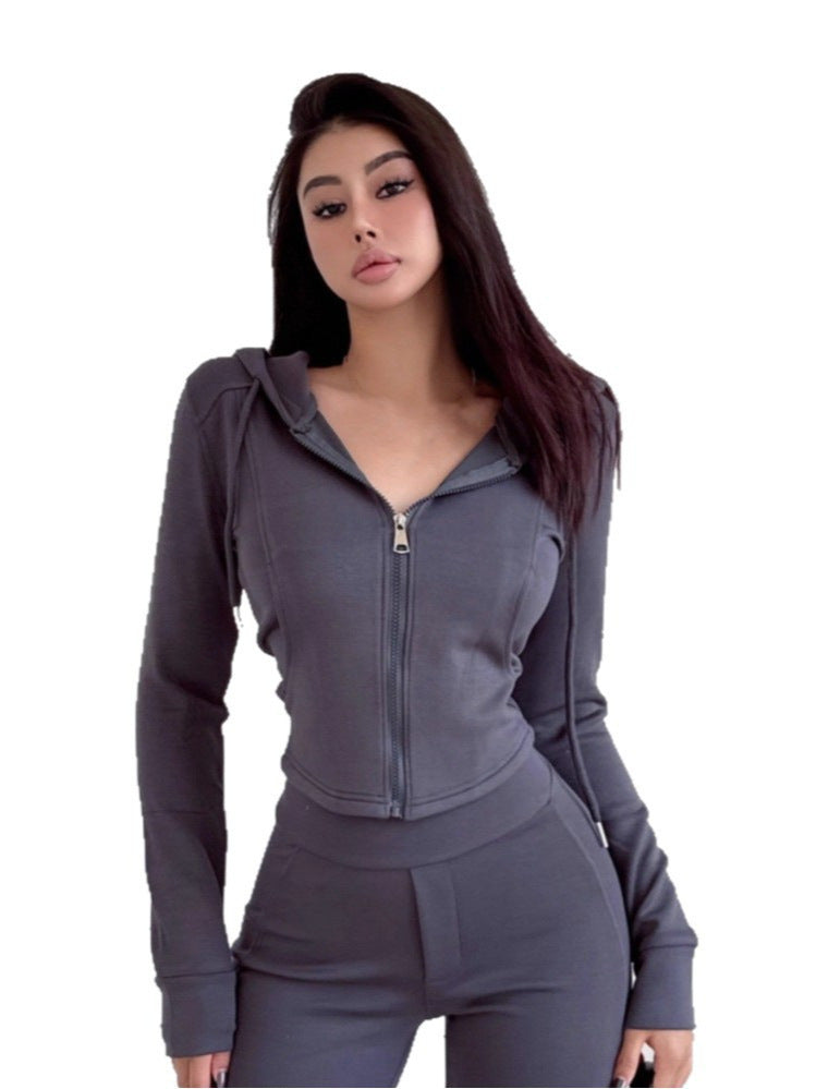 Dark gray zip-up hooded sweatshirt jacket with drawstring and front pockets