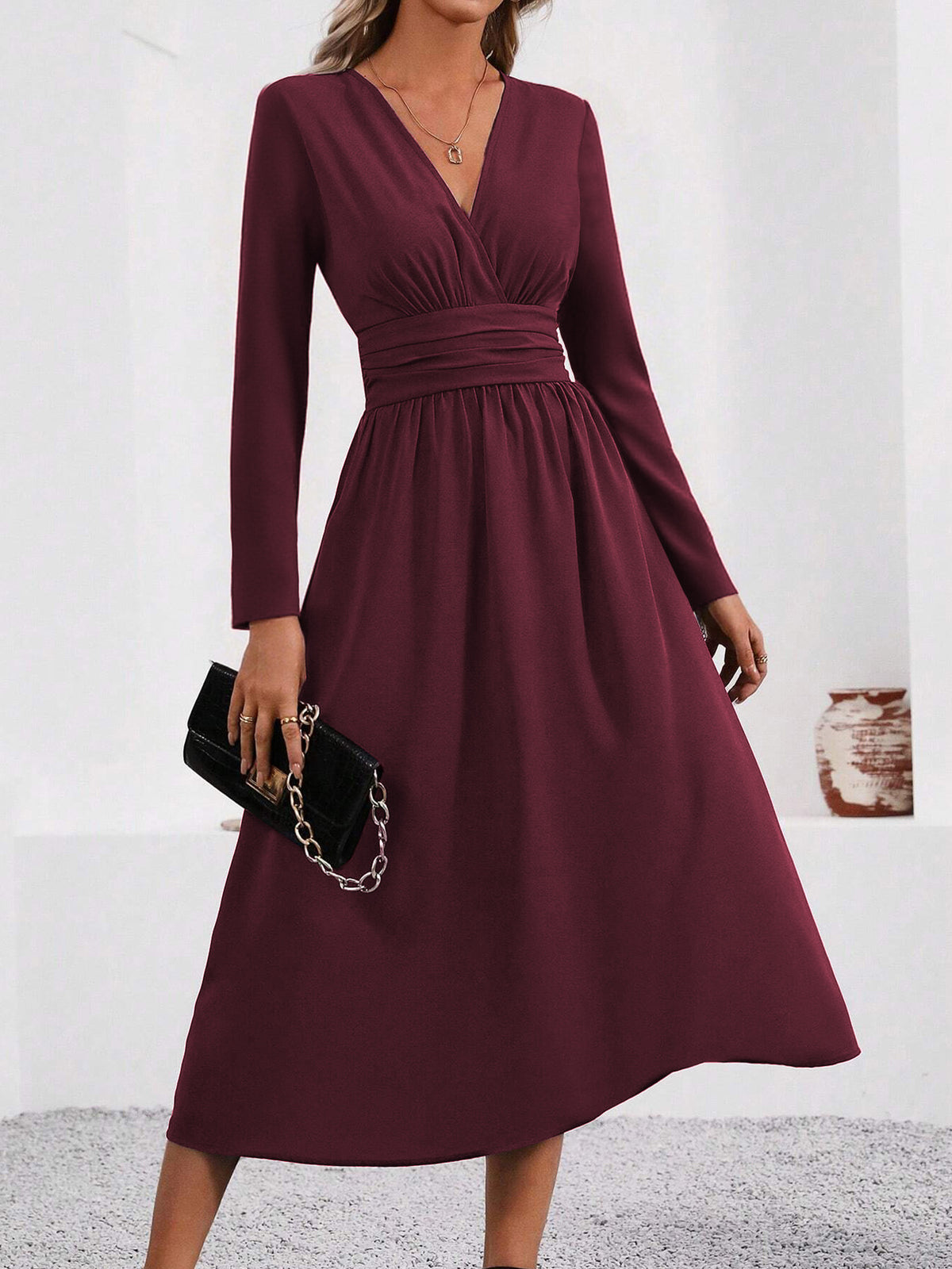 Long Sleeve Midi Dress — Surplice V Neck Pleated Style in Soft Woven Crepe