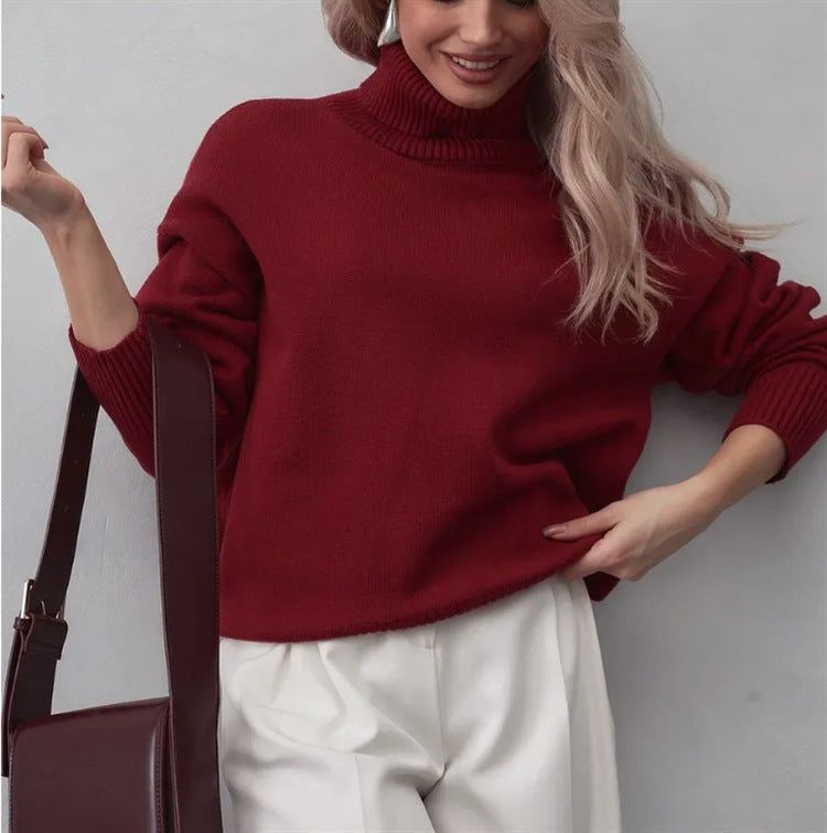 Thick knit turtleneck sweater, loose fit, wine red
