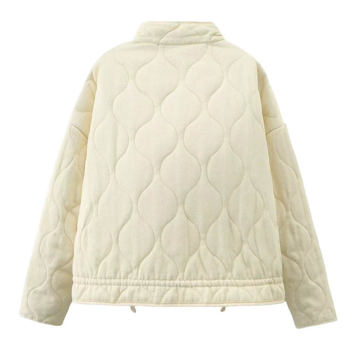 Off-white quilted jacket back view with stand-up collar and elastic hem with small drawstrings.