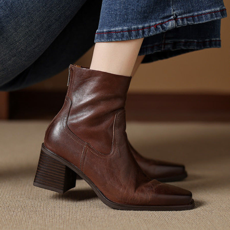 Leather Ankle Boots for Women — Square Toe with Stacked Block Heel and Back Zip