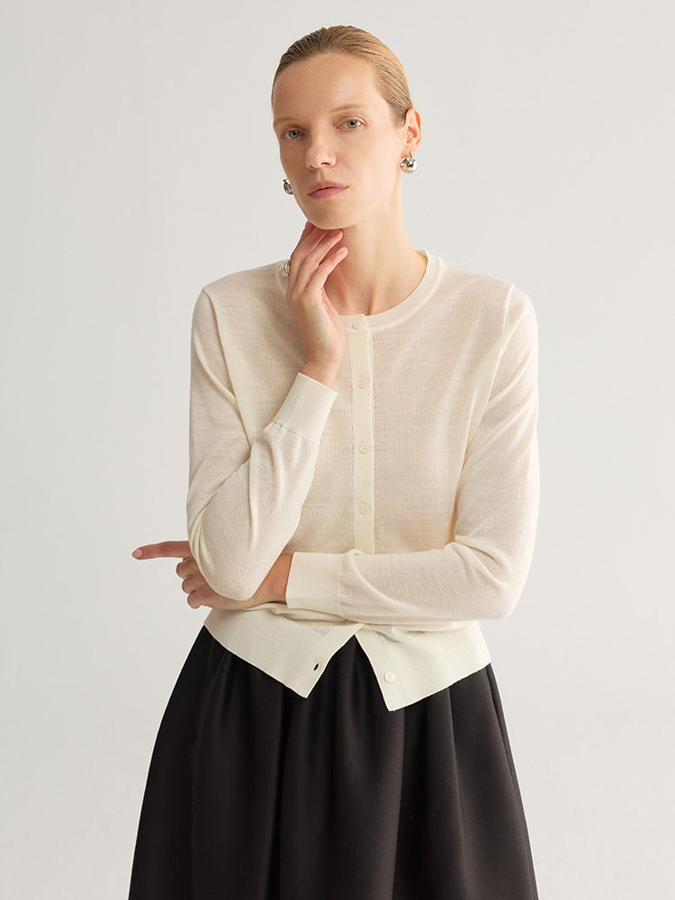 Women’s round-neck wool cardigan, off-white, button-front knit with long sleeves