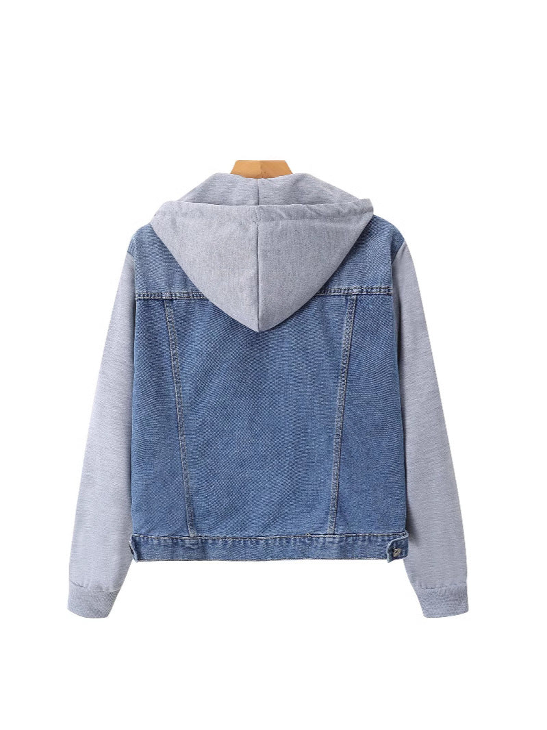Women’s blue denim hooded jacket with gray sleeves, button front, full back hood