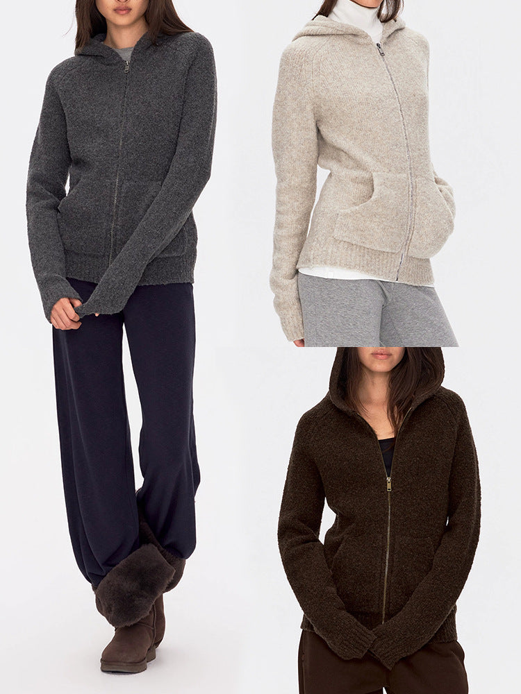 Women’s gray zip-front knit hoodie sweater with hood, long sleeves, and front pocket