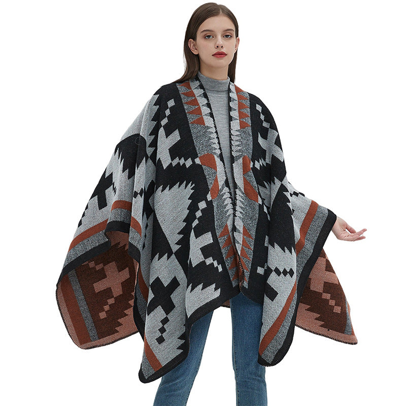 Blanket Poncho for Women — Reversible Aztec Print Ruana Wrap in Wool Blend